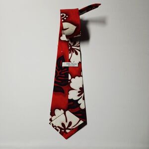 Vintage Hilo Hattie Hawaiian Tie Red White Hibiscus Cotton Necktie Made in USA